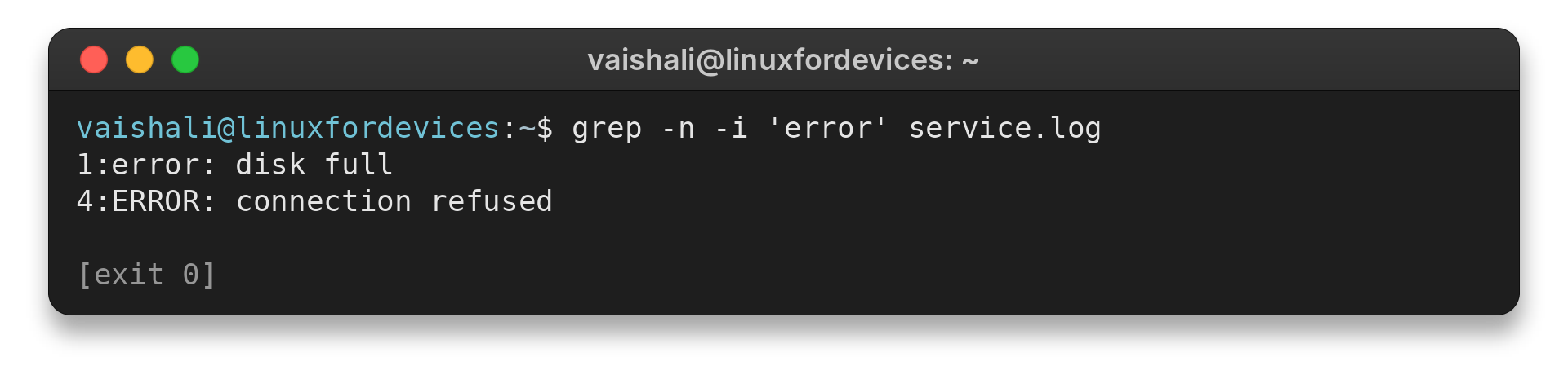 Terminal output showing grep matching error lines and their line numbers