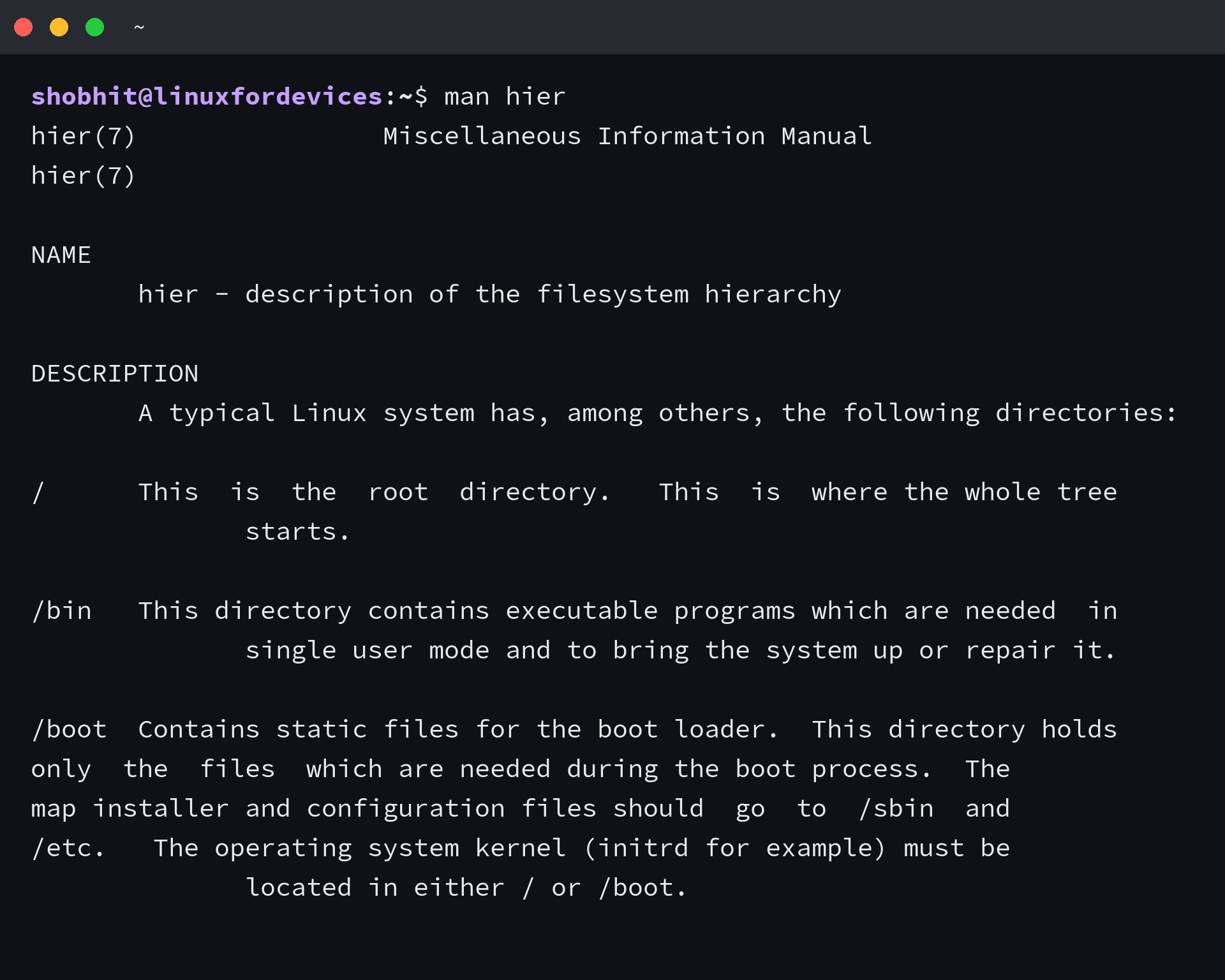 The hier(7) manual page opened with the man hier command