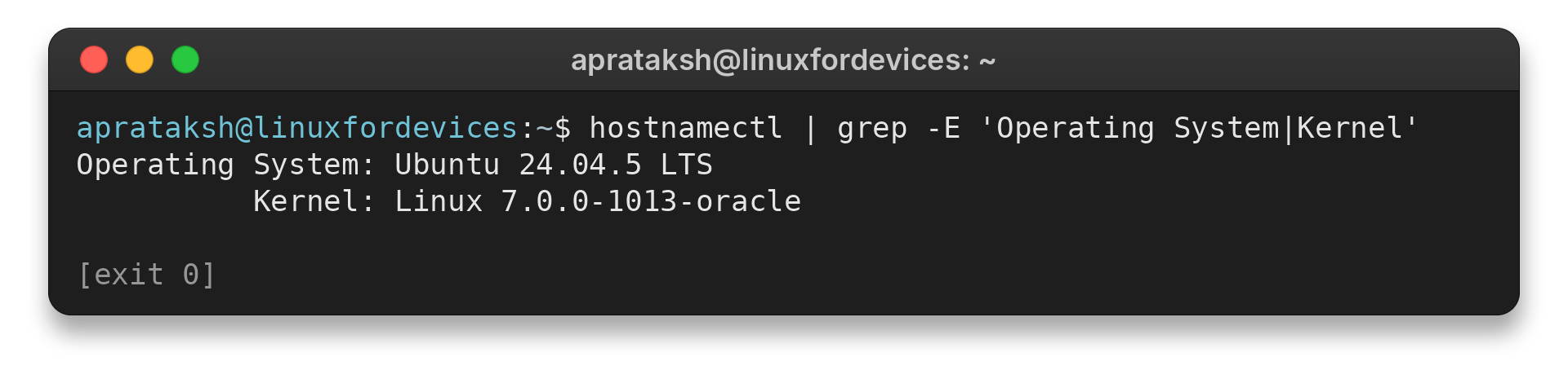 hostnamectl output showing operating system and kernel