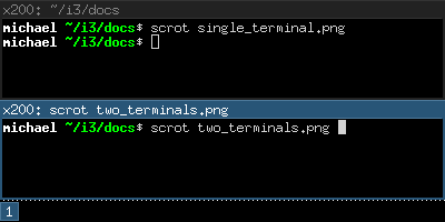 Two terminal windows tiled in the i3 desktop