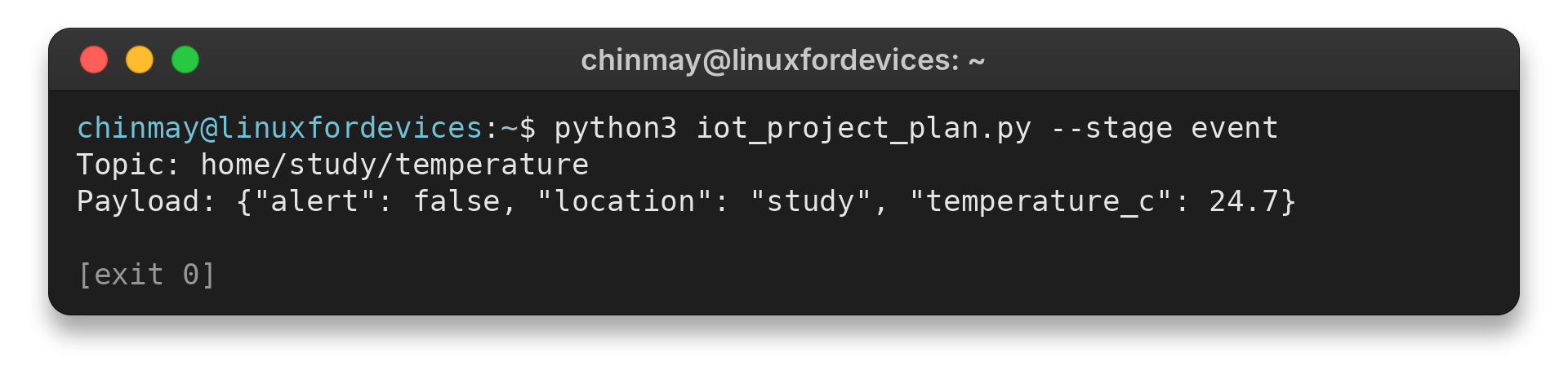 Terminal showing the example MQTT topic and sample sensor event