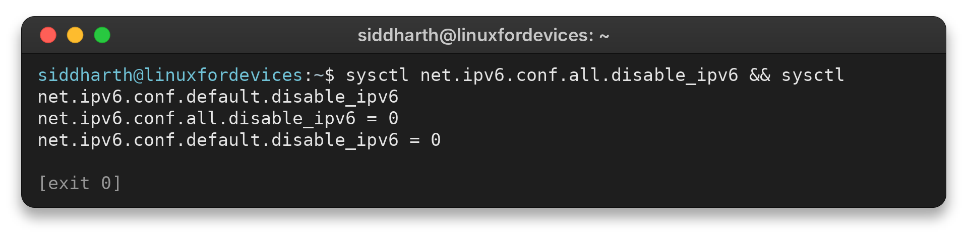Terminal output showing both IPv6 disable settings set to zero