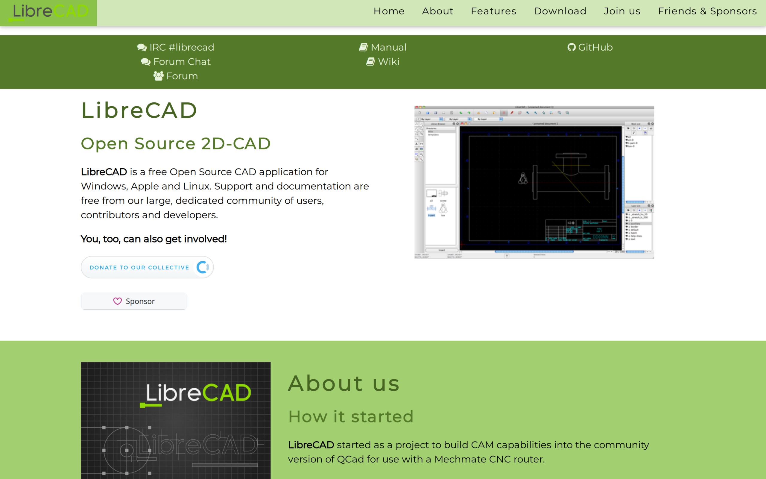 LibreCAD official page identifies a 2D CAD application and shows its drawing interface