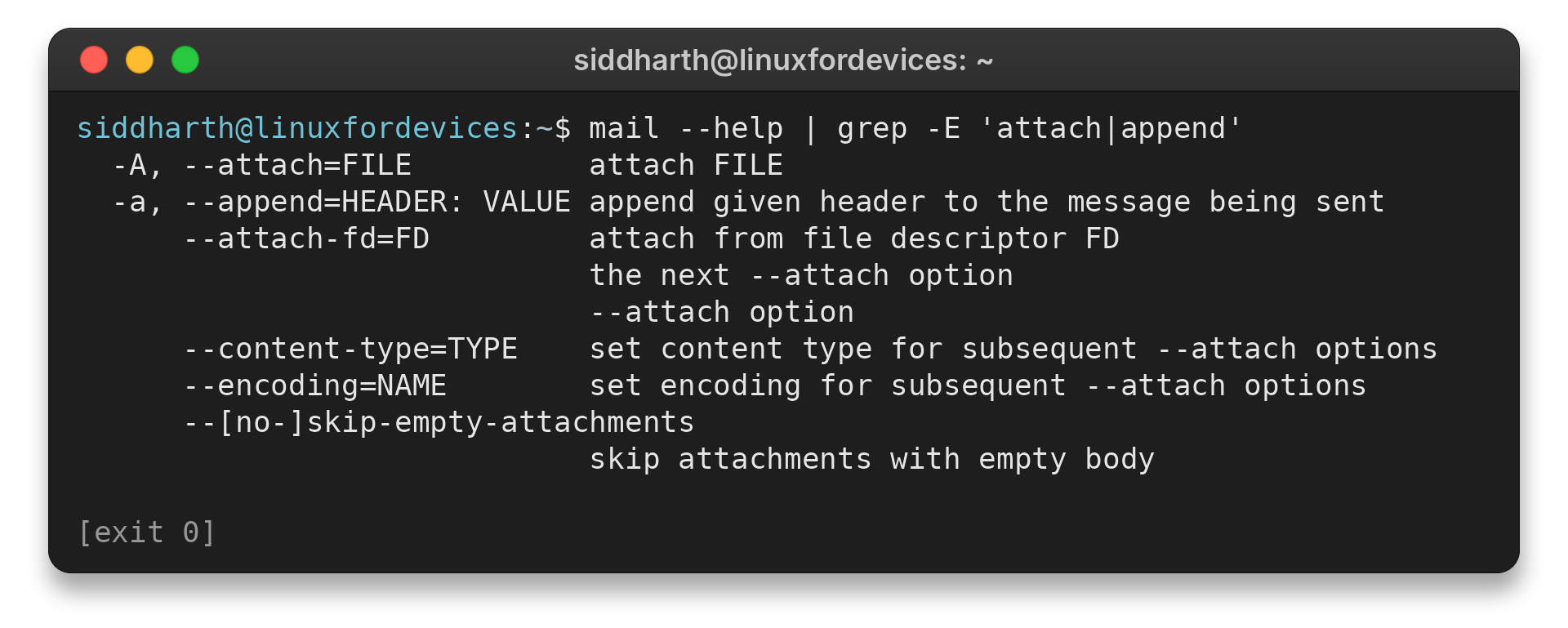 GNU Mailutils mail --help showing -A for file attachments and -a for message headers