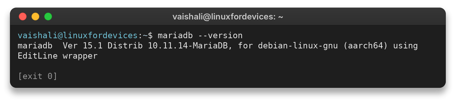 MariaDB version command reporting 10.11.14 on Debian Linux