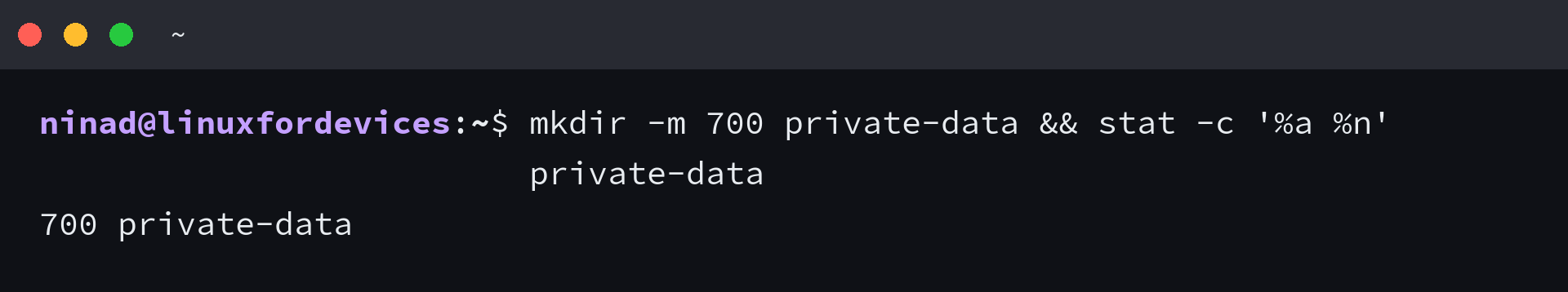 Terminal output confirming private-data has mode 700 after mkdir -m 700