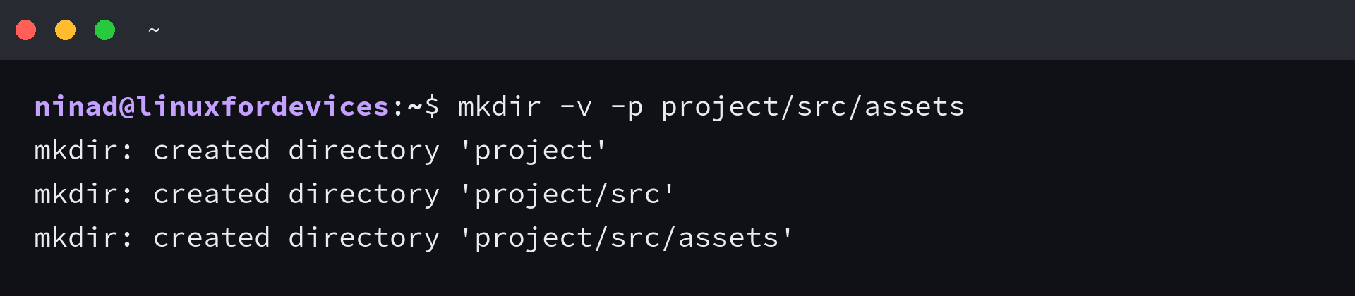 Terminal output from mkdir -v -p project/src/assets showing each created directory
