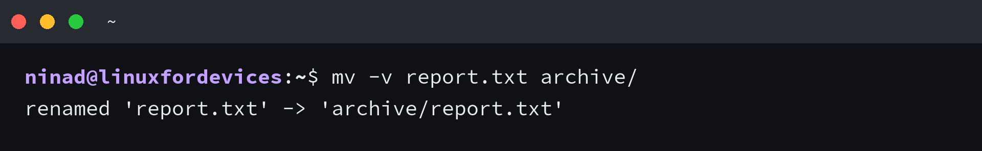 Terminal output showing mv -v moving report.txt into archive/report.txt