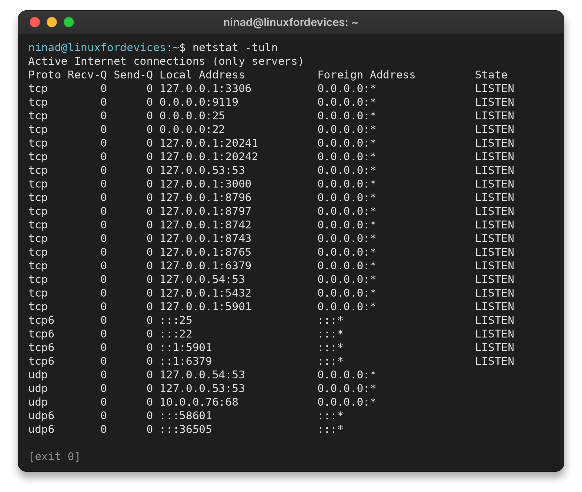 netstat -tuln output showing numeric TCP and UDP listening sockets
