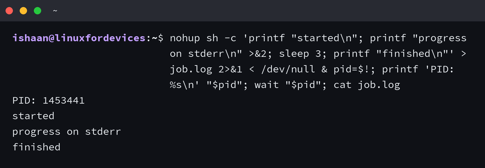 nohup captures standard output and standard error in job.log