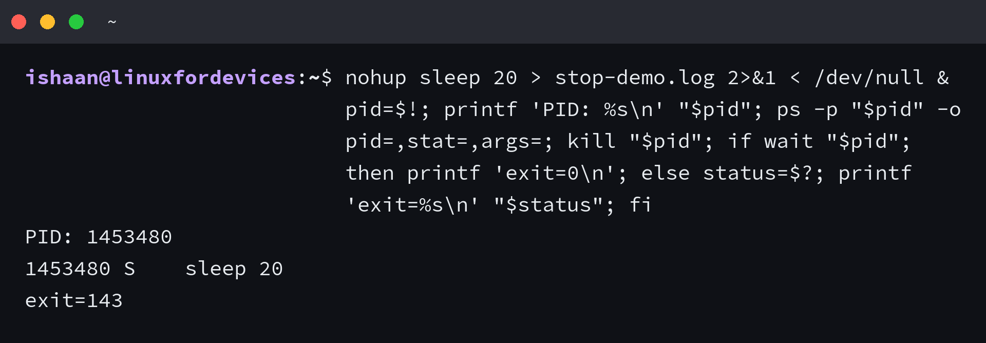 ps shows a nohup sleep process before kill returns status 143
