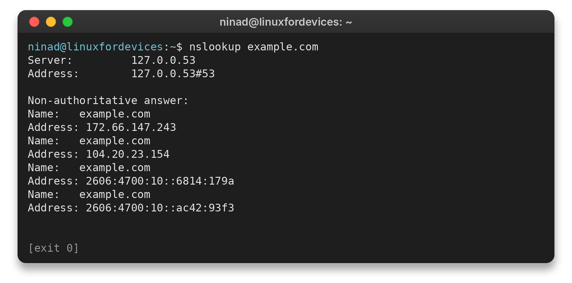 nslookup example.com showing resolver and returned addresses