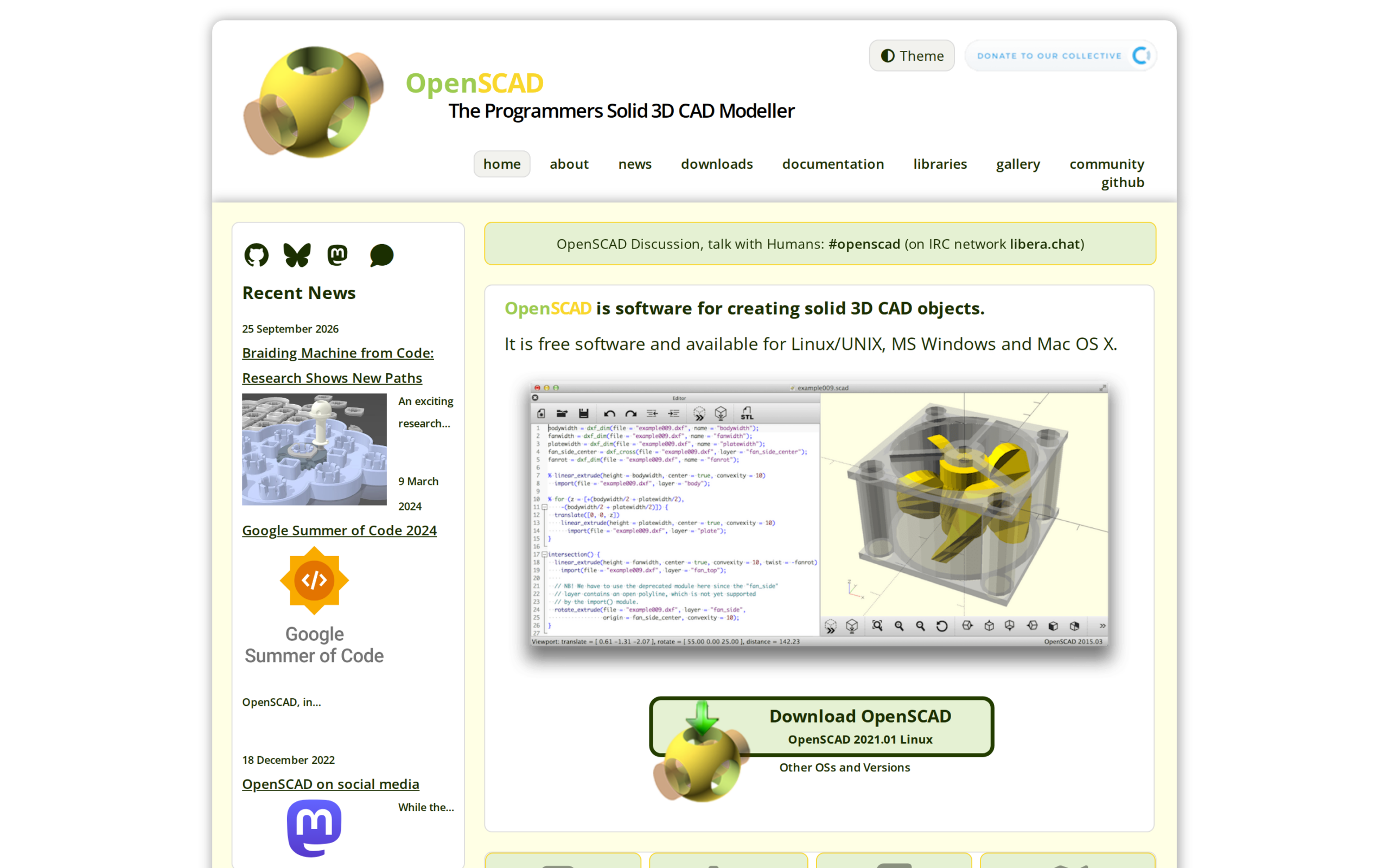 OpenSCAD official page shows its script editor beside a rendered 3D model