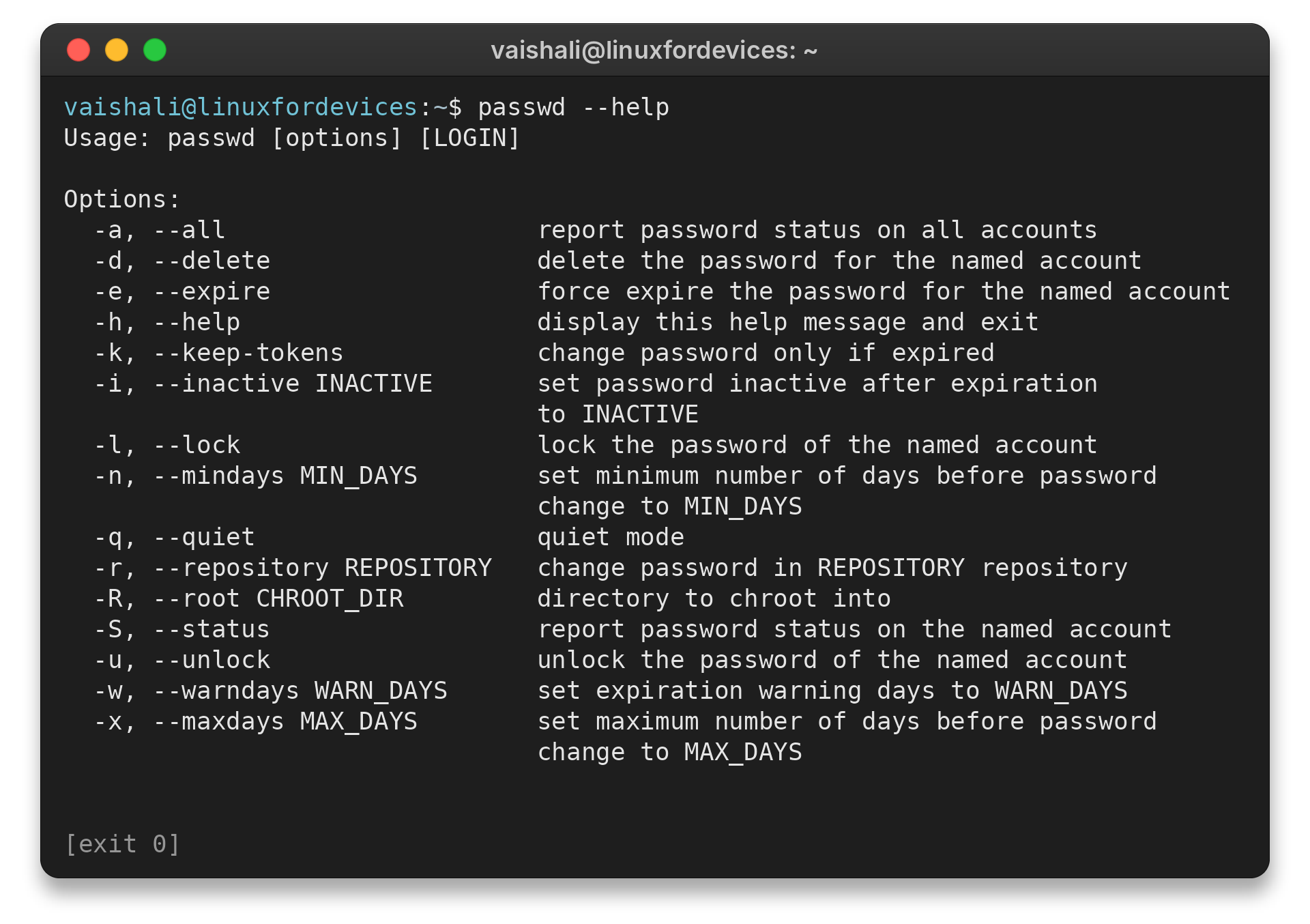 passwd help output listing account options