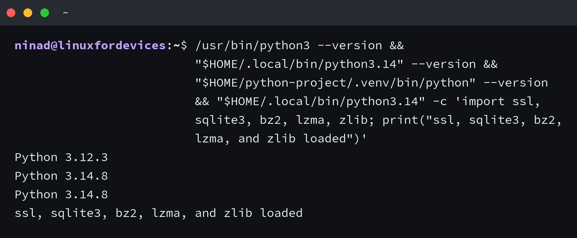 Terminal output showing Python 3.12.3, Python 3.14.8, a Python 3.14.8 virtual environment, and successful standard-library imports