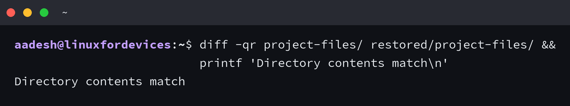 A diff comparison confirms the restored directory matches