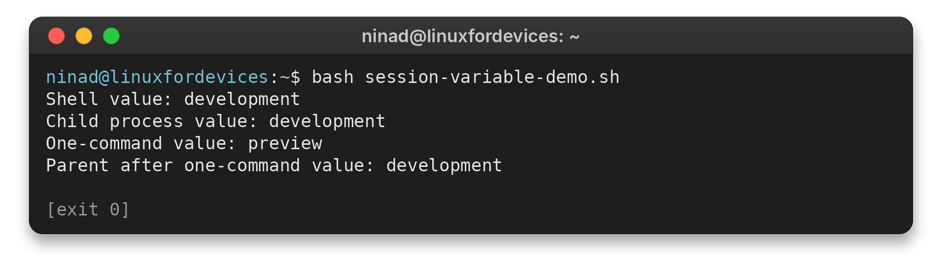 Terminal output showing an exported Bash variable and one-command variable scope