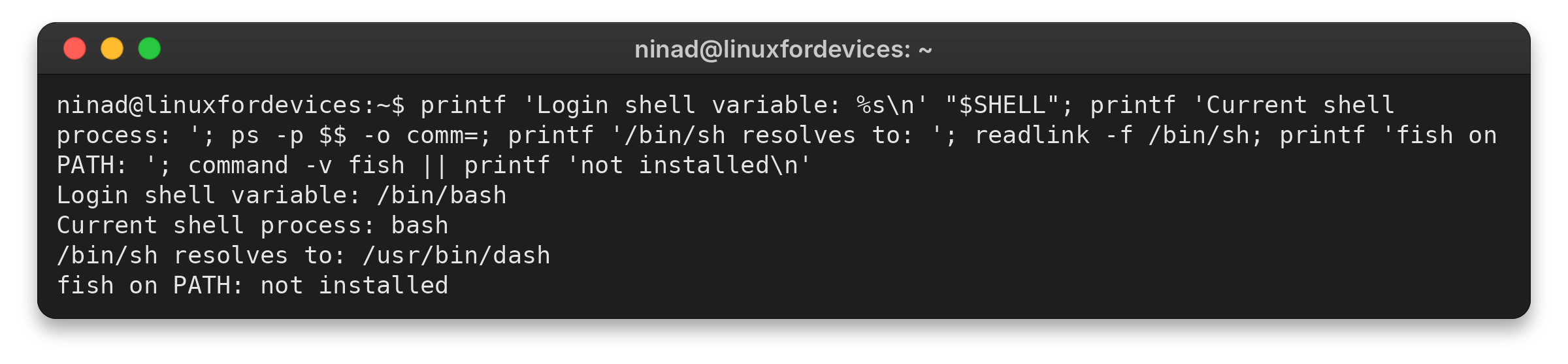 Shell diagnostic showing bash as the active process and dash behind /bin/sh