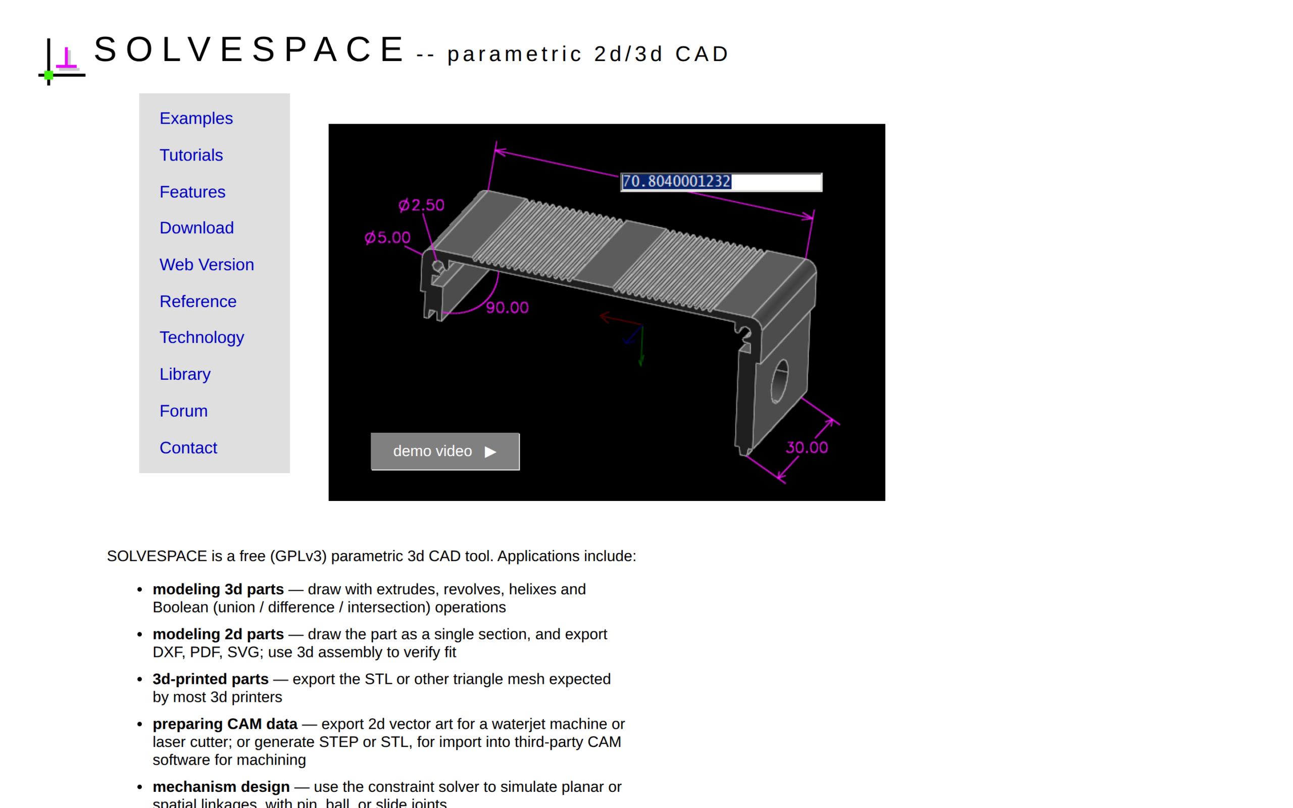 SolveSpace official page shows a dimensioned 3D CAD part