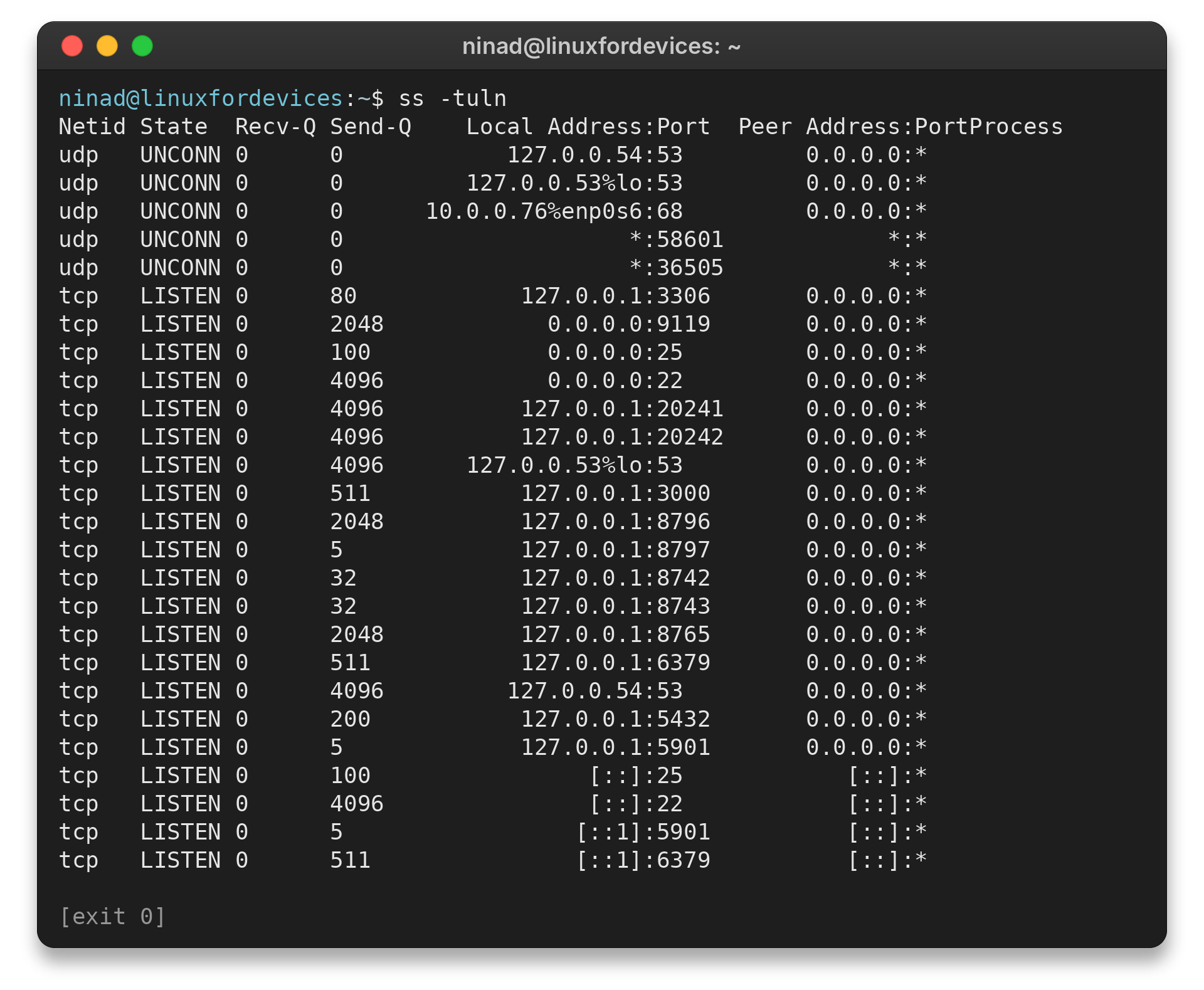 ss -tuln output showing numeric TCP and UDP sockets