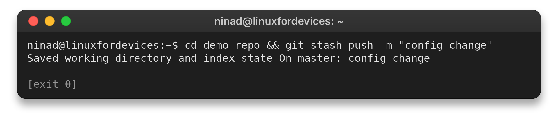 Terminal output from git stash push with a descriptive message