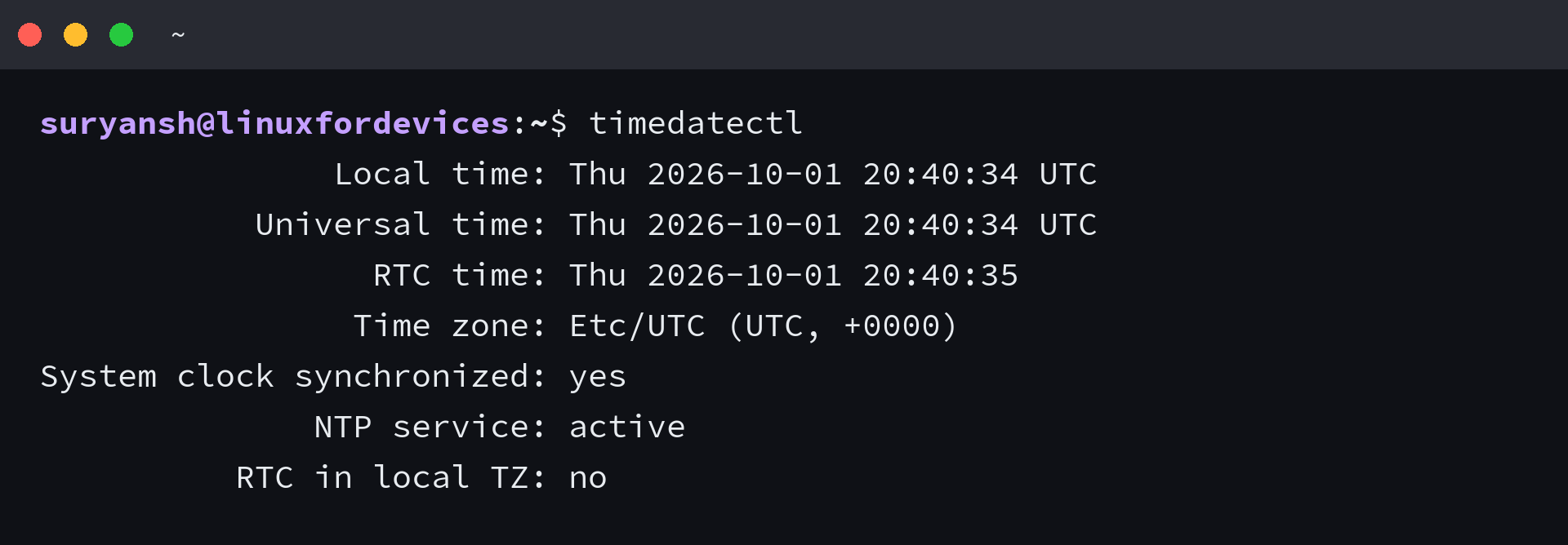 timedatectl status showing timezone and clock synchronization fields