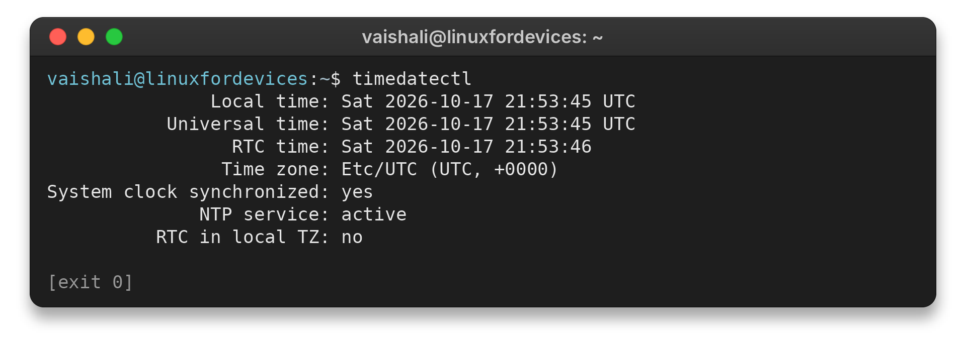 timedatectl reports the current timezone, clock and synchronization status