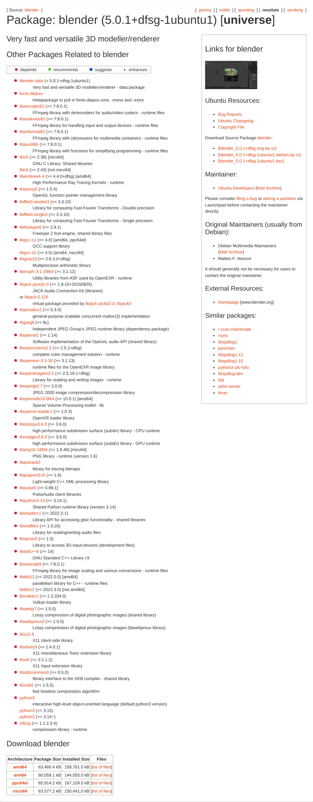 Ubuntu package page lists Blender 5.0.1 in universe