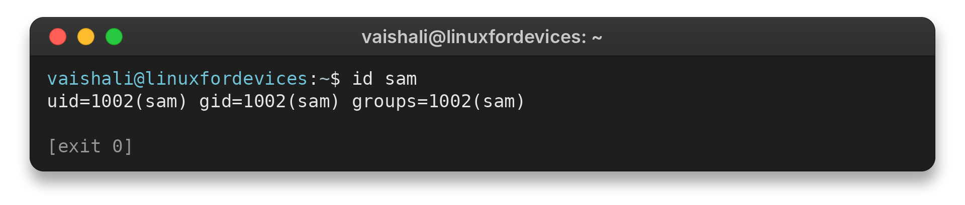 Terminal output showing sam account UID, primary group and group list