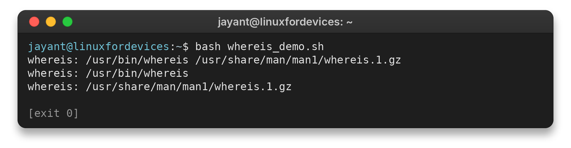 whereis command output for binary and manual paths