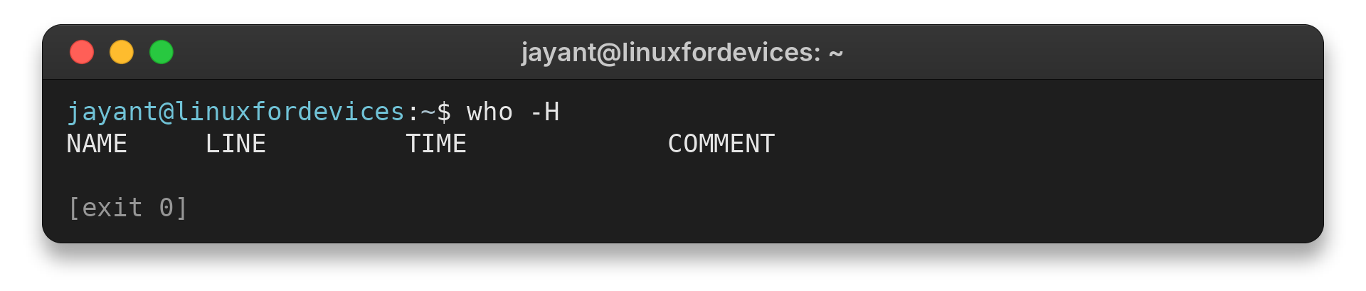 who -H output showing the NAME, LINE, TIME and COMMENT headings
