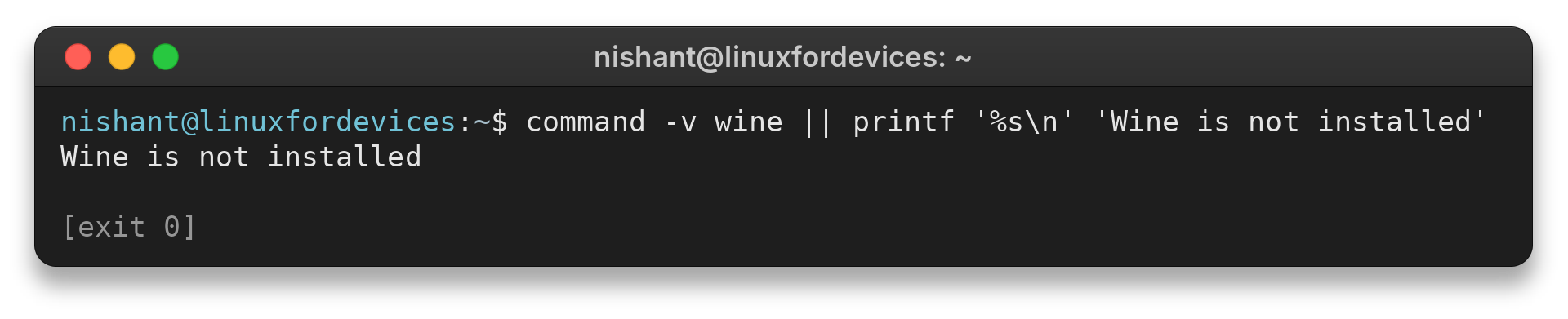 Terminal check showing Wine is not installed